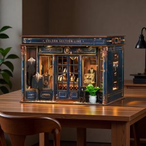 Golden Section Line Wooden Book Nook – DIY Vintage Menswear Store Miniature Scene with Touch LED Light & Suit/Leather Bag Decor, 270-Piece Eco-Friendly MDF Kit, 5-6H Immersive Crafting Experience AW03-002