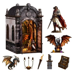 Dragon's Treasure Labyrinth Wooden Book Nook – DIY Fantasy Miniature Scene with Touch Light & Transparent Acrylic Baffle, 130-Piece High-Density Wood Kit, 2-3H Immersive Crafting Experience