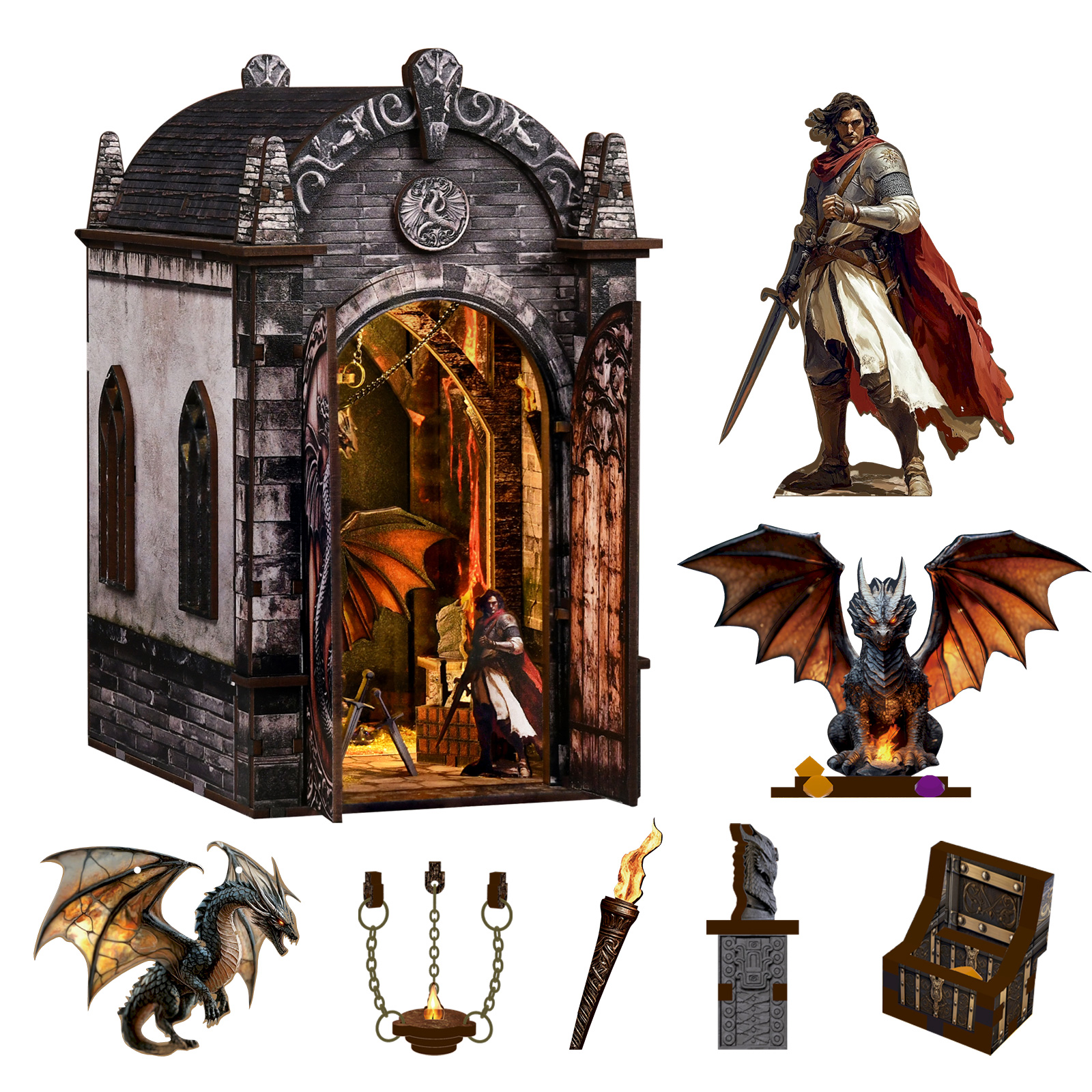Dragon's Treasure Labyrinth Wooden Book Nook – DIY Fantasy Miniature Scene with Touch Light & Transparent Acrylic Baffle, 130-Piece High-Density Wood Kit, 2-3H Immersive Crafting Experience