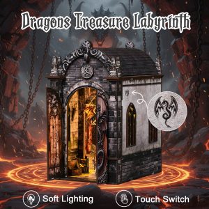 Dragon's Treasure Labyrinth Wooden Book Nook – DIY Fantasy Miniature Scene with Touch Light & Transparent Acrylic Baffle, 130-Piece High-Density Wood Kit, 2-3H Immersive Crafting Experience