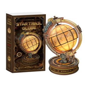 Star Trail Globe Wooden Book Nook – DIY Retro Mechanical 3D Model with Touch-Sensitive Lights, Automatic Rotation & Real Maps, Creative Desktop Decor & Holiday Gift