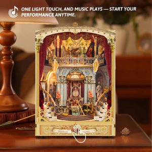 Dreamland Theater Wooden Book Nook – DIY European Court Miniature Stage with Touch-Sensitive Lights, Music & Automatic Rotation, Creative Desktop Decor & Holiday Gift