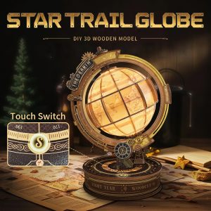 Star Trail Globe Wooden Book Nook – DIY Retro Mechanical 3D Model with Touch-Sensitive Lights, Automatic Rotation & Real Maps, Creative Desktop Decor & Holiday Gift
