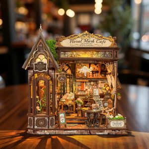 Floral Mark Café Wooden Book Nook – DIY Vintage Coffee Shop Miniature Scene with Touch-Sensitive Lights & Exquisite Details, Creative Desktop Decor & Holiday Gift