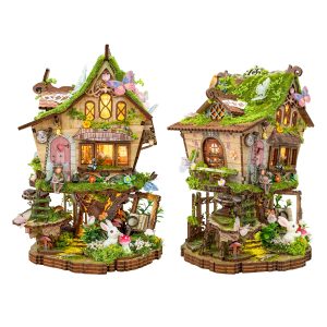 Joincon Towan's Tree House Wooden Book Nook – DIY Forest Treehouse Miniature Model with Touch-Sensitive Lights & Natural Details, Creative Desktop Decor & Healing Craft Gift Product Description