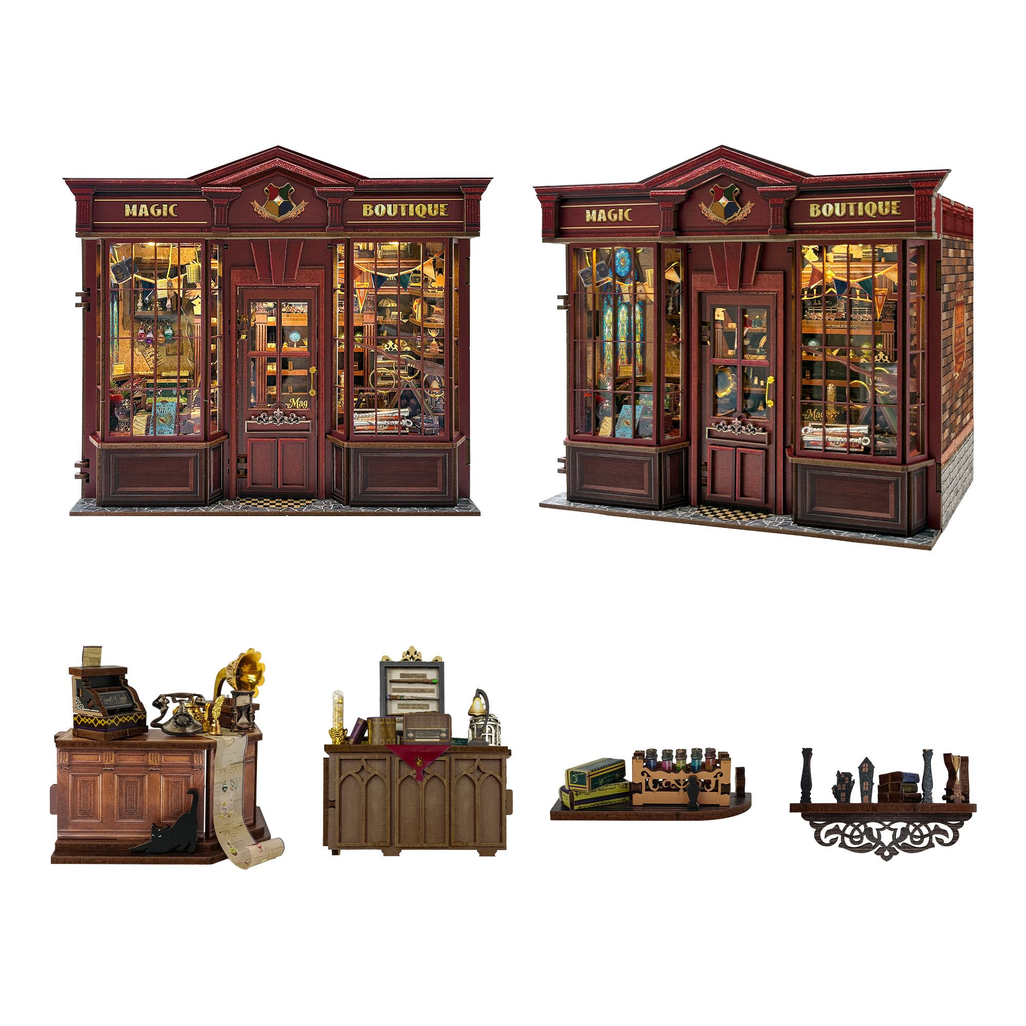 Joincon Magic Boutique Wooden Book Nook – DIY Miniature Magic Shop with Touch-Sensitive Lights & 180-Degree Fold Design, Creative Desktop Decor & Holiday Gift