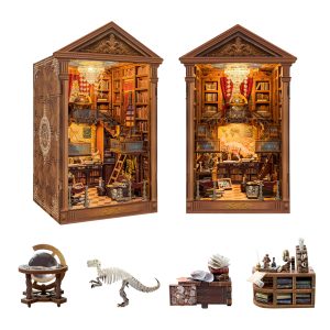Reading Hall Wooden Book Nook – DIY Vintage Two-Story Miniature Library with Touch-Sensitive Lights & Exquisite Details, Creative Desktop Decor & Holiday Gift