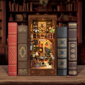 Timeworn Library Wooden Book Nook – DIY Vintage Two-Story Miniature Library with Touch-Sensitive Lights & Exquisite Details, Creative Desktop Decor & Holiday Gift