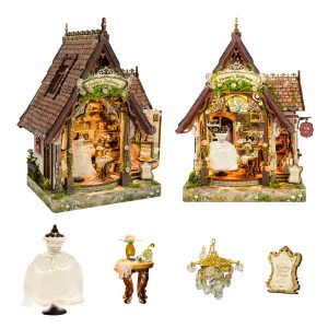 Dream Dress Studio Wooden Book Nook – DIY Vintage Bridal Tailor Shop Miniature Scene with Touch-Sensitive Lights & Open-Closed Door, Creative Desktop Decor & Holiday Gift