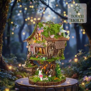 Joincon Towan's Tree House Wooden Book Nook – DIY Forest Treehouse Miniature Model with Touch-Sensitive Lights & Natural Details, Creative Desktop Decor & Healing Craft Gift Product Description-SQ-80