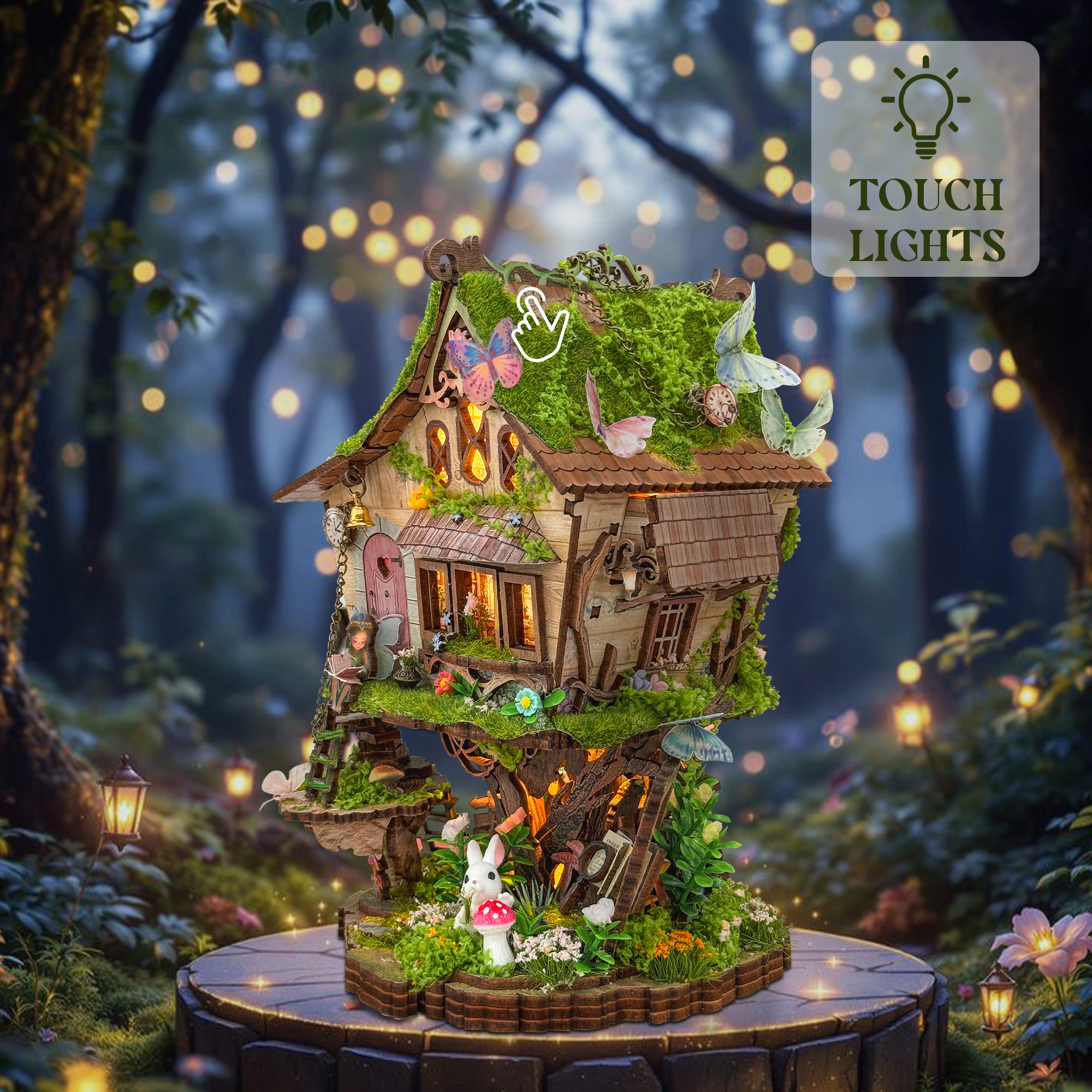 Joincon Towan's Tree House Wooden Book Nook – DIY Forest Treehouse Miniature Model with Touch-Sensitive Lights & Natural Details, Creative Desktop Decor & Healing Craft Gift Product Description-SQ-80