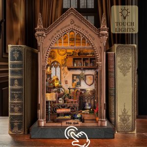 Magic Abode Wooden Book Nook – DIY Gothic Miniature Study with Touch-Sensitive Lights & Vintage Furniture Details, Creative Desktop Decor & Holiday Gift
