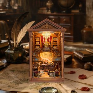 Reading Hall Wooden Book Nook – DIY Vintage Two-Story Miniature Library with Touch-Sensitive Lights & Exquisite Details, Creative Desktop Decor & Holiday Gift