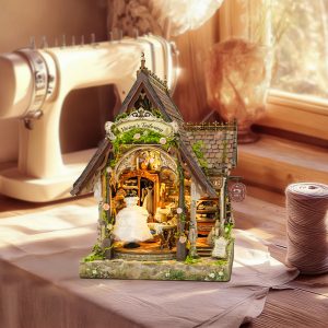 Dream Dress Studio Wooden Book Nook – DIY Vintage Bridal Tailor Shop Miniature Scene with Touch-Sensitive Lights & Open-Closed Door, Creative Desktop Decor & Holiday Gift SQ-116