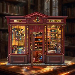 Joincon Magic Boutique Wooden Book Nook – DIY Miniature Magic Shop with Touch-Sensitive Lights & 180-Degree Fold Design, Creative Desktop Decor & Holiday Gift