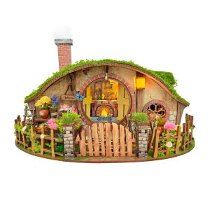 The Magic Ring House Wooden Book Nook – DIY Miniature Hobbit Hole with Touch-Sensitive Lights & Fairy Tale Garden, Creative Desktop Decor & Healing Craft Gift