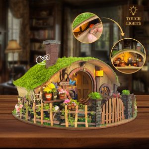 The Magic Ring House Wooden Book Nook – DIY Miniature Hobbit Hole with Touch-Sensitive Lights & Fairy Tale Garden, Creative Desktop Decor & Healing Craft Gift