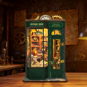 Timeless Antiques Wooden Book Nook – DIY Vintage Miniature Study with Touch-Sensitive Lights & Openable Door Design, Creative Desktop Decor & Holiday Gift