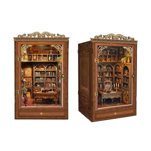 Time Book House Wooden Book Nook – DIY Vintage Miniature Study with Touch-Sensitive Lights & Openable Door Design, Creative Desktop Decor & Holiday Gift
