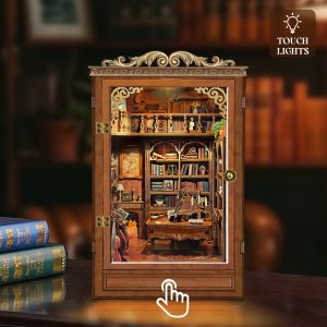 Time Book House Wooden Book Nook – DIY Vintage Miniature Study with Touch-Sensitive Lights & Openable Door Design, Creative Desktop Decor & Holiday Gift