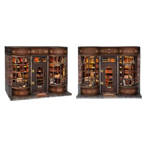 Hoggor Bookstore Wooden Book Nook – DIY Vintage Magic Library with Touch-Sensitive Lights & Exquisite Shelves, Creative Desktop Decor & Healing Craft Gift