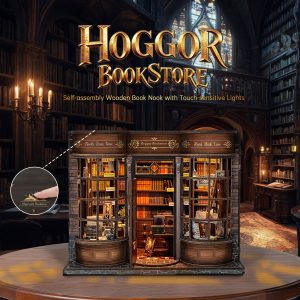 Hoggor Bookstore Wooden Book Nook – DIY Vintage Magic Library with Touch-Sensitive Lights & Exquisite Shelves, Creative Desktop Decor & Healing Craft Gift
