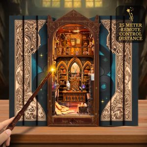 Magic Office Wooden Book Nook – DIY Miniature Magic World with Wand Remote Control Lights & Mysterious Attic Scene, Creative Desktop Decor & Holiday Gift SQ-79