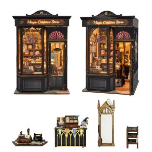 Magic Oddities Store Wooden Book Nook – DIY Miniature Fantasy Shop with Touch-Sensitive Lights & Openable Door Design, Creative Desktop Decor & Holiday Gift