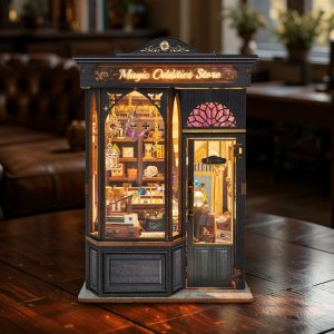 Magic Oddities Store Wooden Book Nook – DIY Miniature Fantasy Shop with Touch-Sensitive Lights & Openable Door Design, Creative Desktop Decor & Holiday Gift