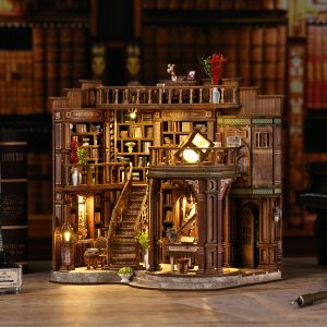 Dreamy Book Hall · Retro European DIY Miniature Library | 888-Piece Wooden Puzzle Kit | with LED Warm Light & Touch Switch | Adult Stress-Relief Craft Decor / Birthday Gift AW02-003