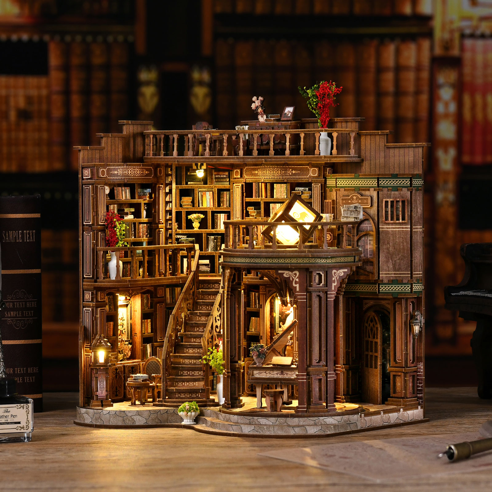 Dreamy Book Hall · Retro European DIY Miniature Library | 888-Piece Wooden Puzzle Kit | with LED Warm Light & Touch Switch | Adult Stress-Relief Craft Decor / Birthday Gift AW02-003