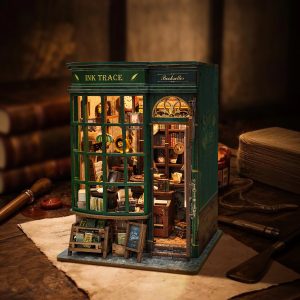 Ink Trace Bookstore DIY Wooden Miniature Model  Vintage British Book Stall Assembly Kit with Gramophone, Wall Clock & Bookshelf – 203-Piece Immersive Puzzle Toy Perfect Gift for Adults & Teens – Ideal for Stress Relief, Family Bonding, or Holiday Decor-SQ-122