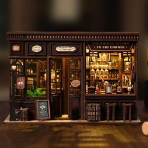 Corner Tavern · Retro European DIY Miniature Book Nook | 327-Piece Wooden Puzzle Kit | with LED Warm Light & Touch Switch | Creative Desktop Decor / Birthday Gift AW03-001