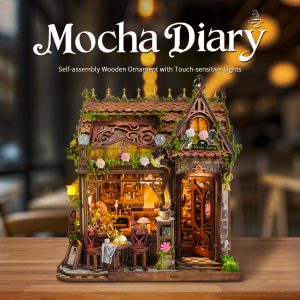 Mocha Diary DIY Wooden Miniature Model  Vintage European Café Assembly Kit with Spiral Staircase, Foldable Window & Tea Set Details – 404-Piece Immersive Puzzle Toy Perfect Gift for Adults & Teens – Ideal for Stress Relief, Family Bonding, or Holiday Decor SQ-101