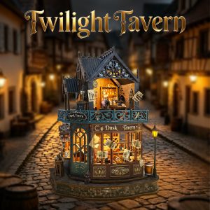 Twilight Tavern DIY Book Nook Kit, Medieval Fantasy Wooden Miniature House with Touch‑Sensitive LED Lights for Bookshelf Decor & Creative Gift SQ-128