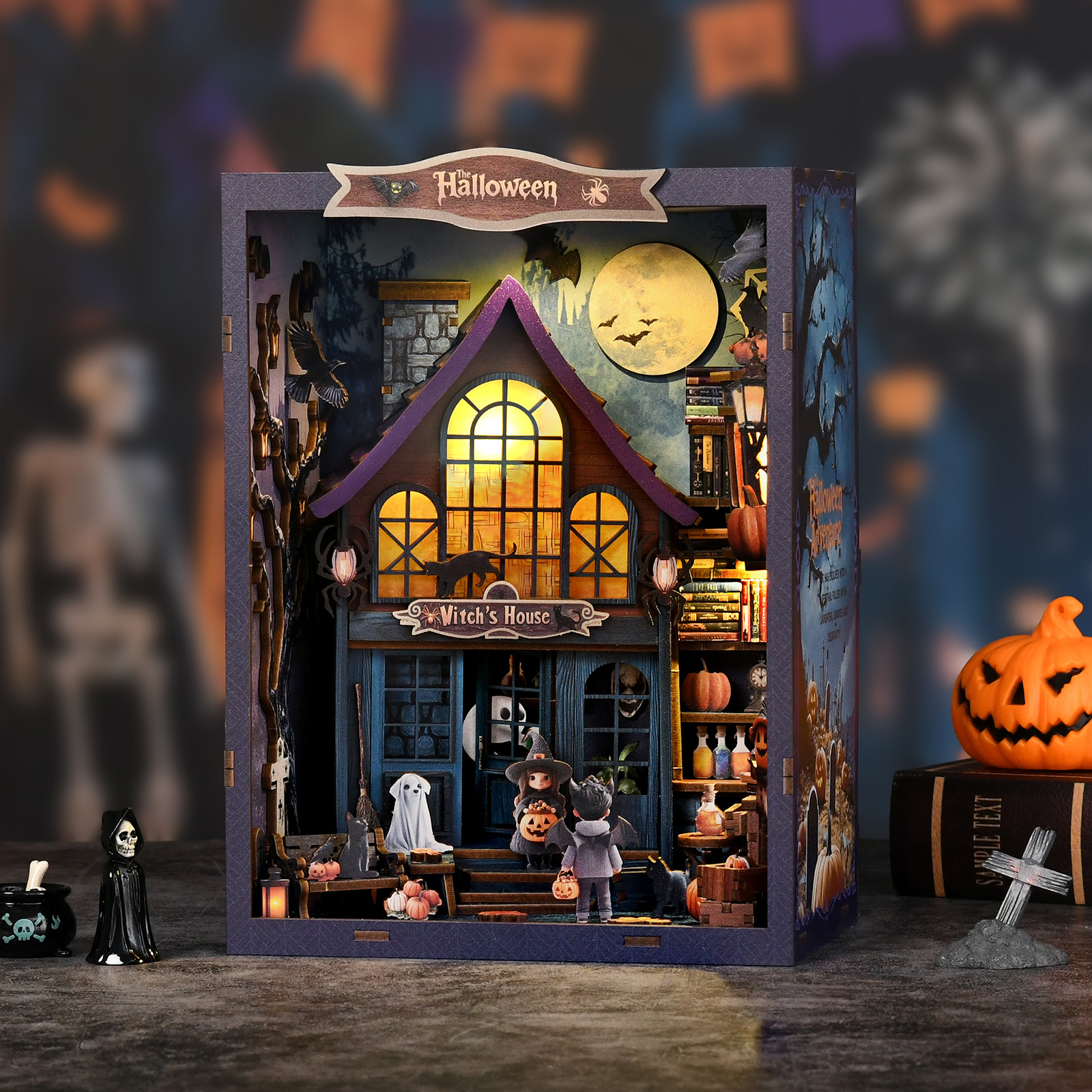 Castle Wonderful Night DIY Book Nook Kit, Halloween Witch House Miniature Dollhouse with LED Lights, Wooden Bookend Diorama Building Kit for Halloween Decor & Gift AH01-002
