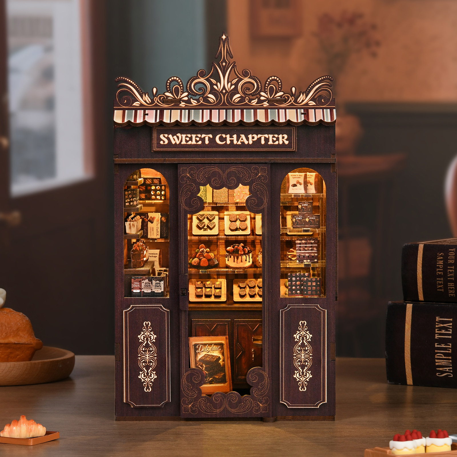 Sweet Chapter DIY Book Nook Model (Touch-Sensitive Lights + Miniature Vintage Dessert Shop Edition) Perfect Gift for Adults & Teens – Ideal for Stress Relief, Holiday Decor, or Dessert Lovers AM01-004