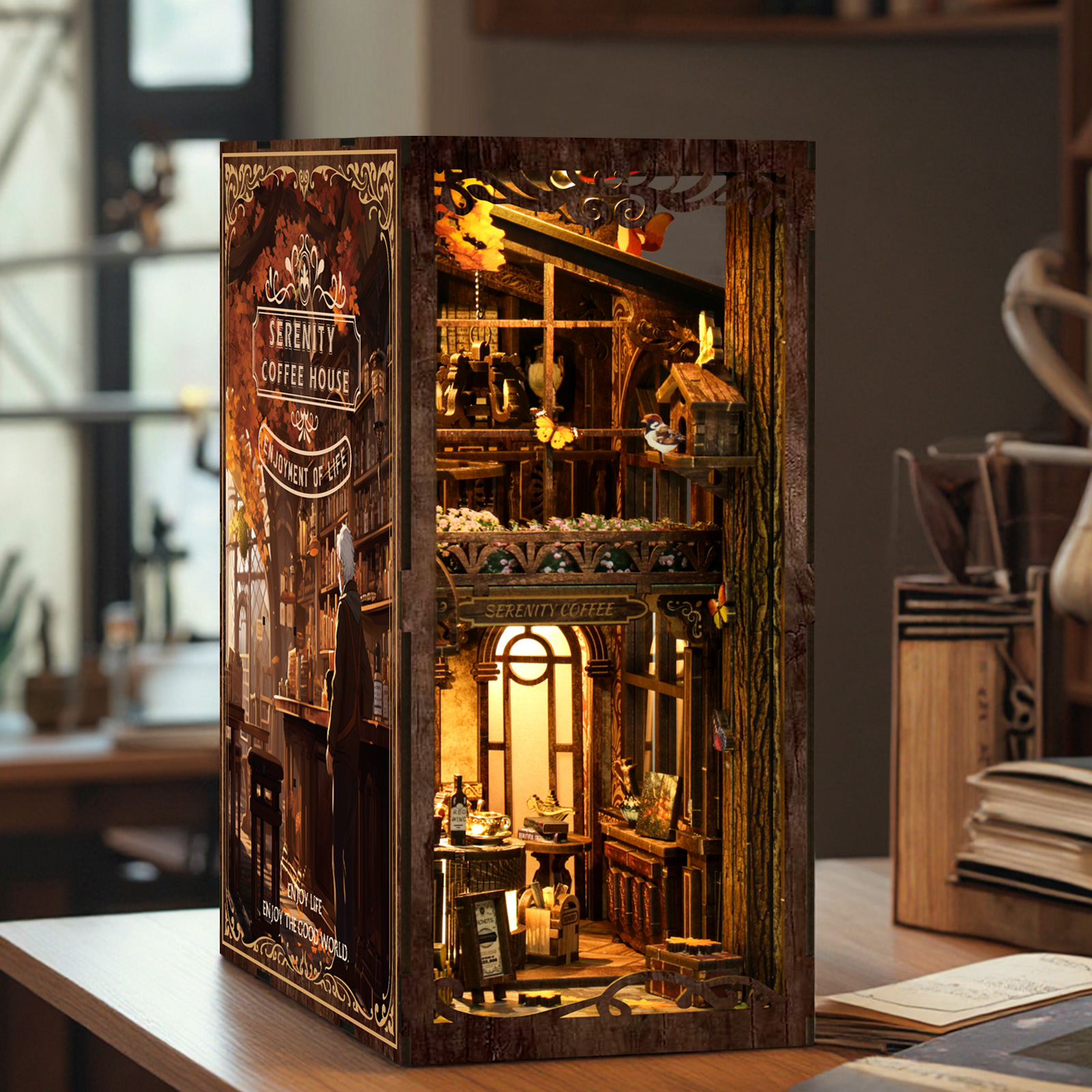 Serenity Coffee House DIY Book Nook Model (Touch-Sensitive Lights + Miniature Vintage Café Edition) Perfect Gift for Coffee Lovers, Adults & Teens – Ideal for Stress Relief or Holiday Decor Short Description BV02-012