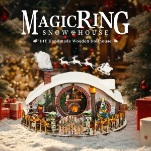 DIY Magic Ring Snow House Miniature Dollhouse Kit, Christmas Hobbit Snow Cottage Wooden Craft with Touch Control LED Lighting, 313‑Piece Self‑Assembly Model for Xmas Decoration & Holiday Present SQ-143